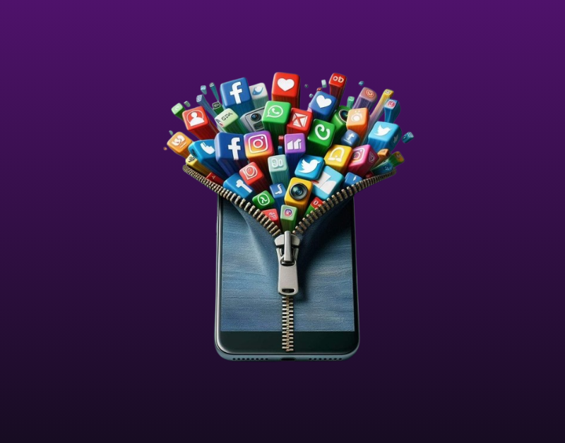 Social media icons exploding from a smartphone representing brand reach in 2025